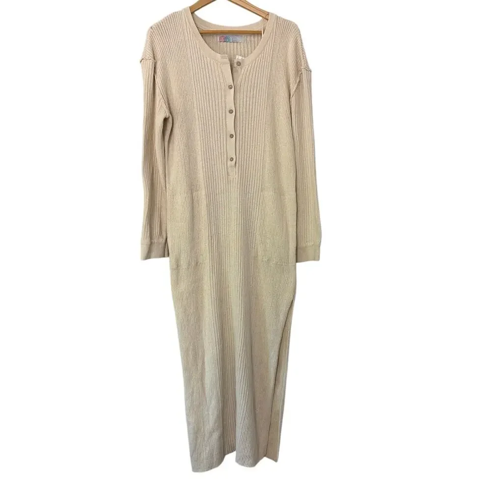 Free People FP Beach Cotton Ribbed Sweater Maxi Henley Dress Cream Size Large